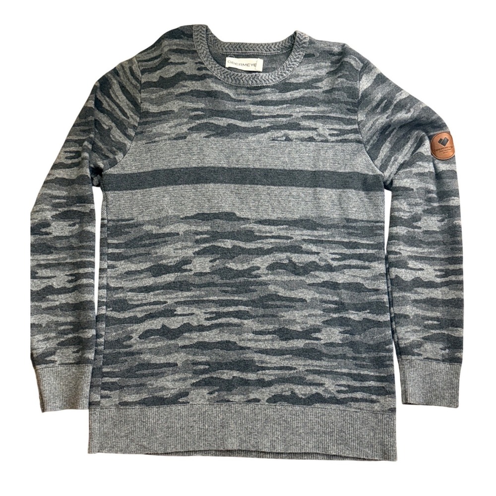 Obermeyer Mens Grey Camo Merino Wool  Crewneck Sweater‎ Size L Leather Patch